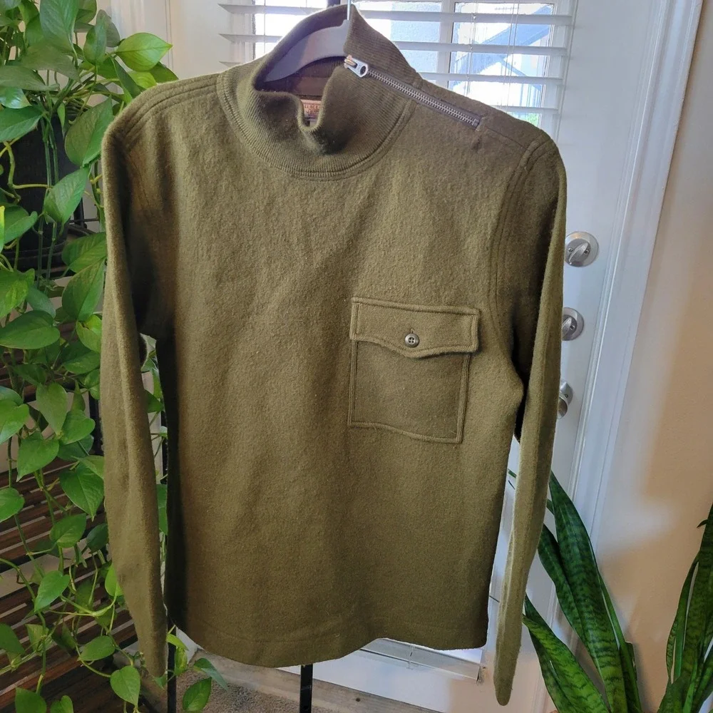 Wallace & Barnes Mens Olive Green Wool Side Zip Military Sweater Small Talon